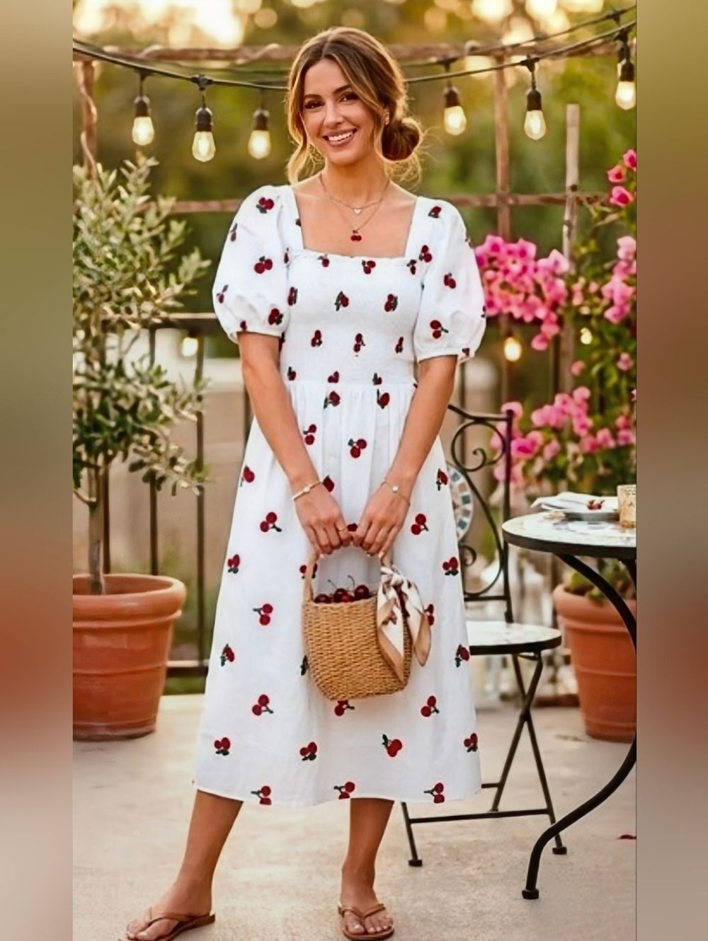 ☔️🔸️NWT Ana & Rose Embroidered Cherries Puff Sleeve Dress Large